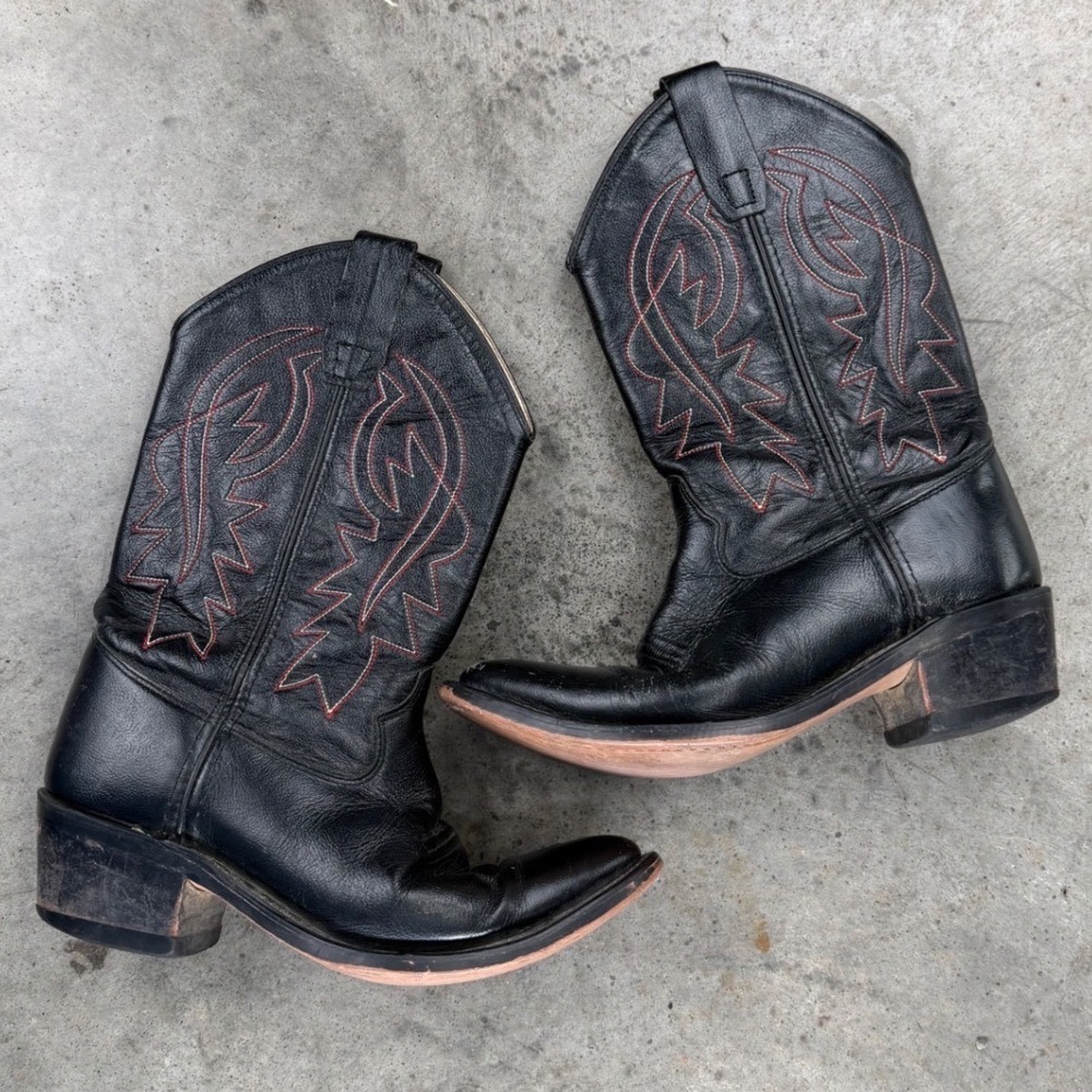Vintage Old West Black Leather Western Cowboy Boots Women's 5 Pointed Toe